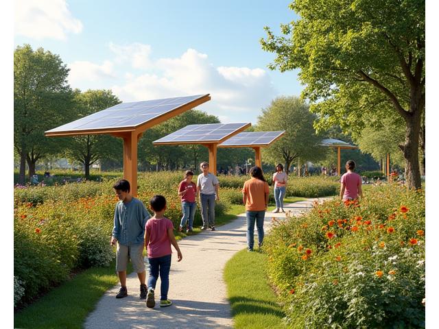 A vibrant community park with solar panels providing shade, connecting people with renewable energy