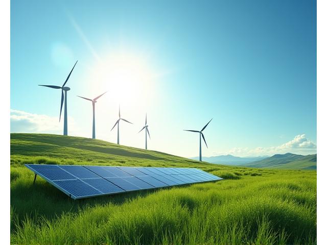 Wind turbines and solar panels against a blue sky, symbolizing green energy tariffs