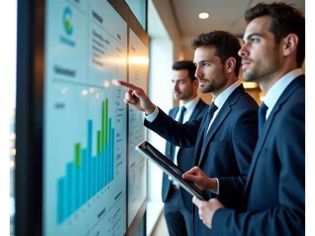 Business people in a meeting room reviewing charts on a screen, representing energy management consulting