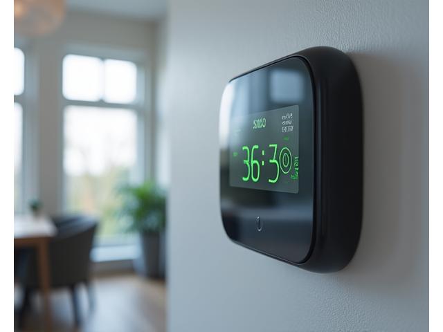 A modern smart meter device installed in a home, displaying energy consumption data